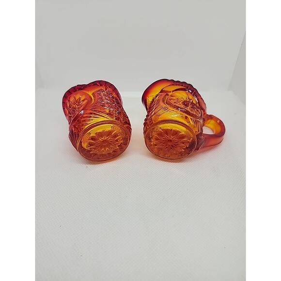 Vtg. L.E.Smith MINIATURE AMBER Star Pattern Mini 2" SUGAR BOWL & CREAMER Set - Picture 6 of 6